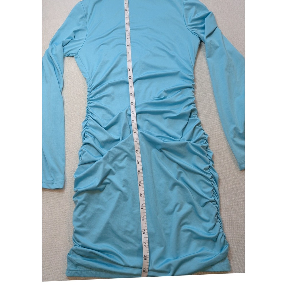 Light Blue Long Sleeve Ruched Bodycon Dress V-Neck Mini Dress - Picture 6 of 9